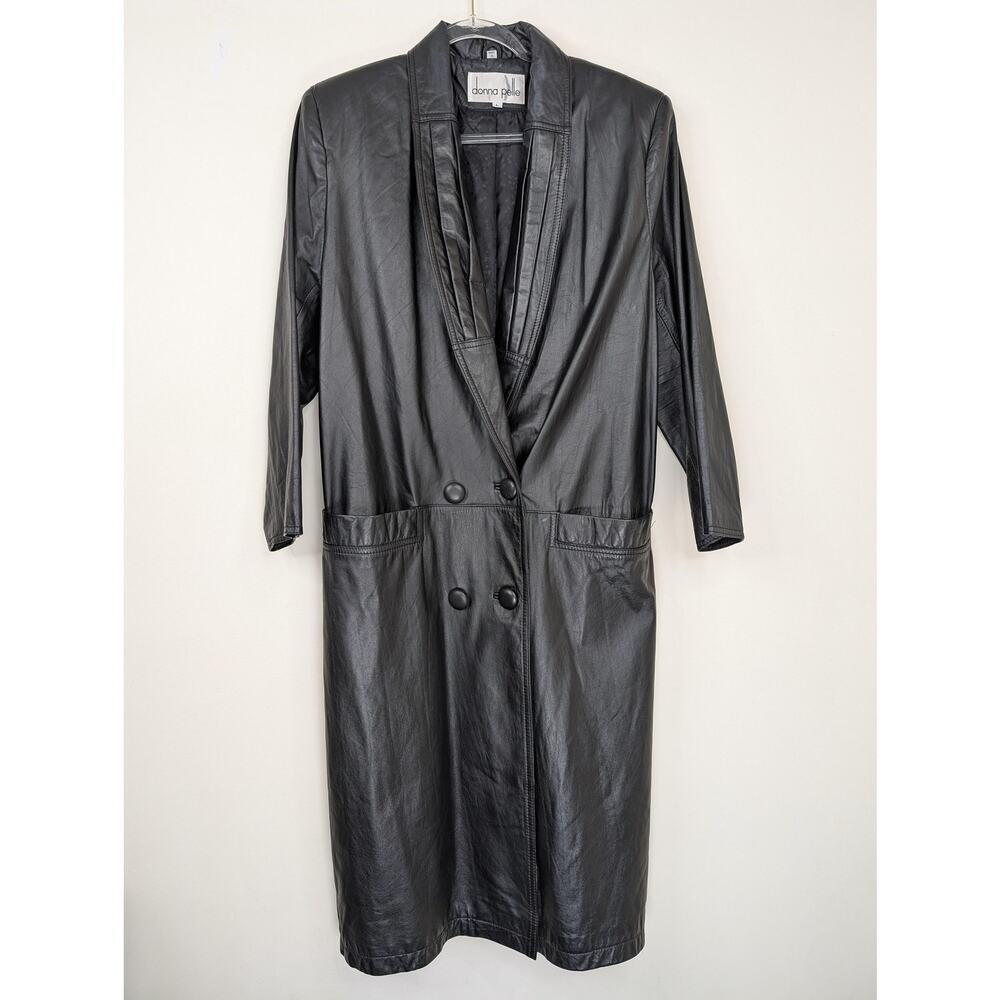 Vintage Donna Pelle Leather Coat Womens Large Black Long Trench 90s Classic